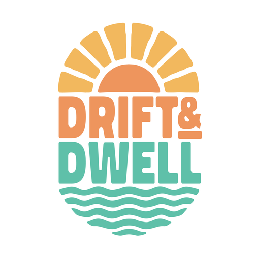Logo with 'Drift & Dwell' text and sun and wave designs on a white background